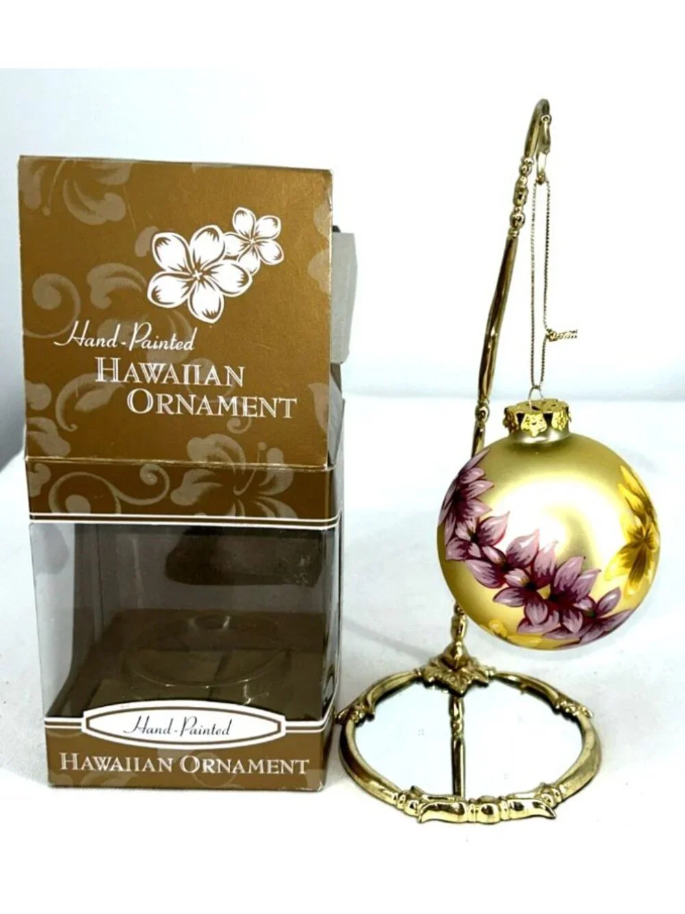 Plumeria Lei Gold Hawaiian Christmas Ornament Hand Painted Glass with Box FLAW